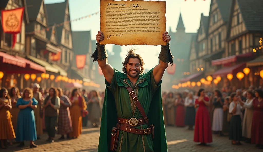 Robin hood on village holding big text 1.000.000 Blum and congrats on the big letter in hand showing to the camera and behind people dancing and feast
