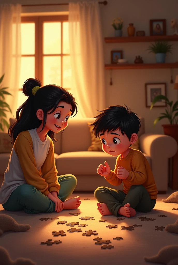 A cozy living room with warm lighting in the evening. A small boy, Ali, with short dark hair, sits on the floor next to a scattered puzzle. He looks frustrated, with his hands in the air. His mother, a kind-looking woman in her 30s with a gentle smile, watches him from a nearby chair.