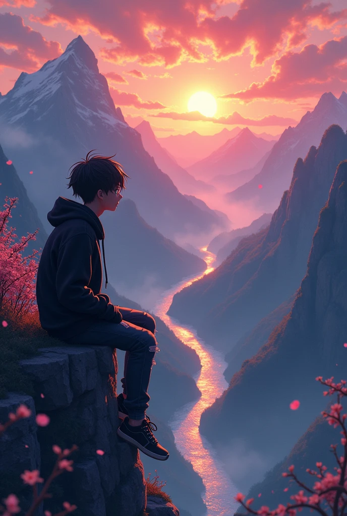 Design a trendy anime-style wallpaper with a highly detailed landscape showcasing dramatic, towering snow-capped mountains and lush, expansive valleys bathed in the warm glow of a setting sun. The sky should be a vibrant gradient of orange, pink, and purple hues, adding a dreamy and magical atmosphere. In the foreground, place a lone teenage boy with stylish, messy black hair, sitting at the edge of a rugged cliff, with his back turned to the viewer. He should be wearing trendy casual attire, like a black oversized hoodie, ripped jeans, and sneakers, adding a modern touch. The boy is gazing thoughtfully at the scene below, where a sparkling river winds through the valley, reflecting the sunset's colors. Add subtle details like drifting cherry blossom petals, soft clouds hovering near the mountains, and gentle lens flares for a cinematic, viral-worthy appeal
