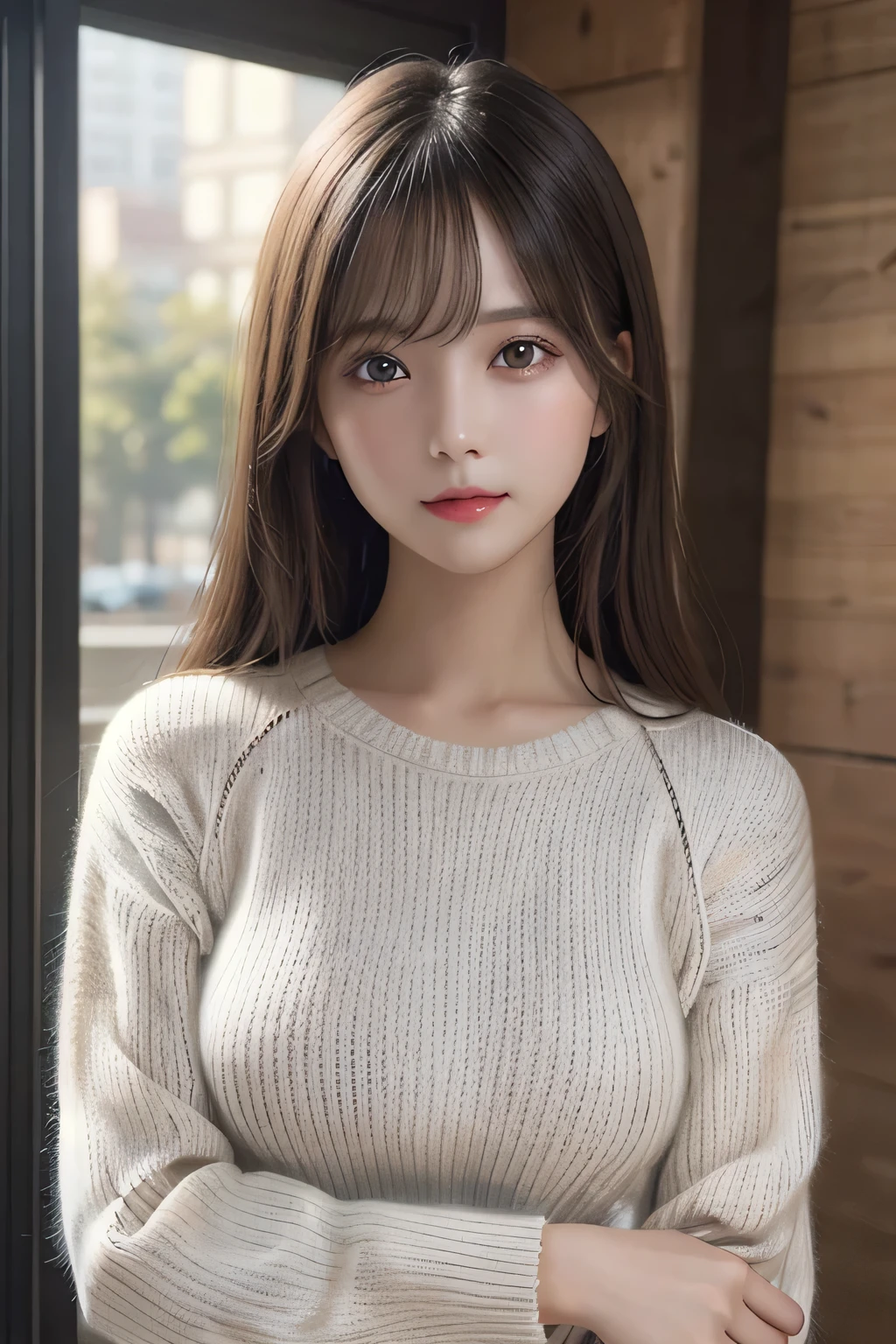 1girl, etv1,best quality,HDR,UHD,8K,realistic,upper body,facing_viewer,Middle Breasts, Slim Body,(knit sweater:1.2)