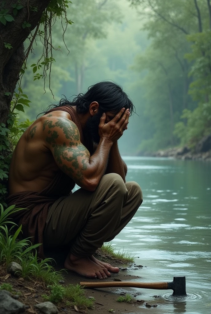 Image 3: Raju sits down by the riverbank, looking sad and desperate. His hands cover his face as he contemplates his lost axe