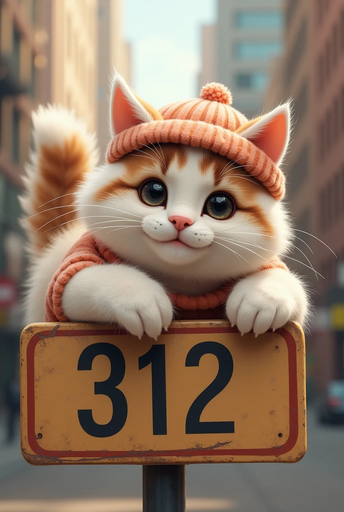 "Realistic cute cat lying on the sign, Facing straight ahead,The sign says 312.'Wearing cute clothes and matching hats. Cat's fur is soft,Mixed with white and light brown spots.. Fashionable and attractive clothes, Increases the cuteness of cats. Simple background,slightly obscured.、Focus on cats. The lighting is natural, Increased softness of hair and clothing, Warm light. Cats love to play、Looks friendly, Large target, Round eyes looking straight ahead."