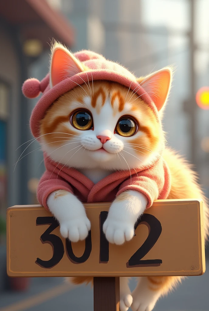 "Realistic cute cat lying on the sign, Facing straight ahead,The sign says 312.&#39;Wearing cute clothes and matching hats. Cat&#39;s fur is soft，Mixed with white and light brown spots.. Fashionable and attractive clothes, Increases the cuteness of cats. Simple background，slightly obscured.、Focus on cats. The lighting is natural, Increased softness of hair and clothing, Warm light. Cats love to play、Looks friendly, Large target, Round eyes looking straight ahead."
