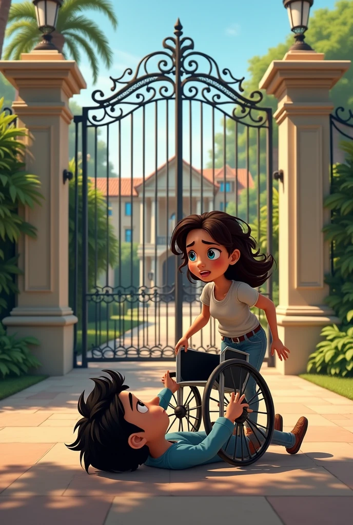 Julian, avec ses cheveux noirs et ses yeux bleus, est étendu au sol après être tombé de son fauteuil roulant, son visage crispé par la douleur. Il porte une tenue décontractée et tente de se relever. Ruby, une jeune femme métissée aux cheveux bruns et aux yeux vert bleuté, se précipite vers lui, l'expression de gêne et d'inquiétude visible sur son visage. Elle porte des vêtements simples et ses mains tremblantes l'aident à se remettre sur le fauteuil. Julian, bien qu'encore secoué, la regarde avec une curiosité mêlée de soulagement, tandis que Ruby, souriante et soulagée, se prépare à partir et tous ca devant un grand portail de la maison d'une hrande villa. Version pixar 2d mature