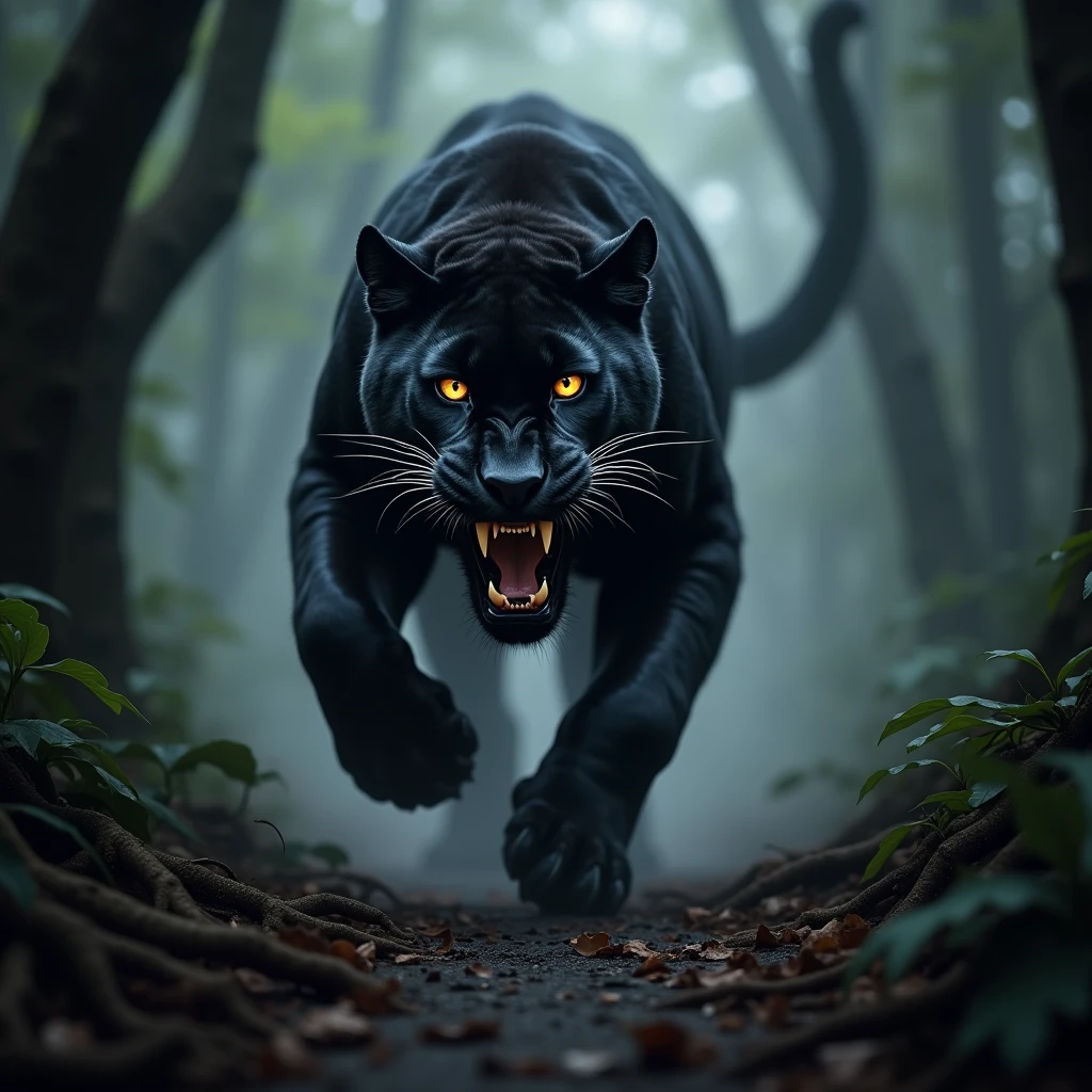 A massive black panther with sharp, glistening fangs is running full speed toward the viewer, its mouth open wide in a ferocious snarl, ready to attack. The black panther's dark fur is matted and wild, and its glowing eyes are locked onto the viewer with a menacing intensity. The scene is set in a dense, smoky jungle, with thick underbrush and towering trees partially obscured by the heavy mist. The path the black panther is charging down is narrow, overgrown with twisted roots and foliage, adding to the sense of impending danger. The overall atmosphere is dark and ominous, with the dense fog swirling around the black Panther, making its approach even more terrifying