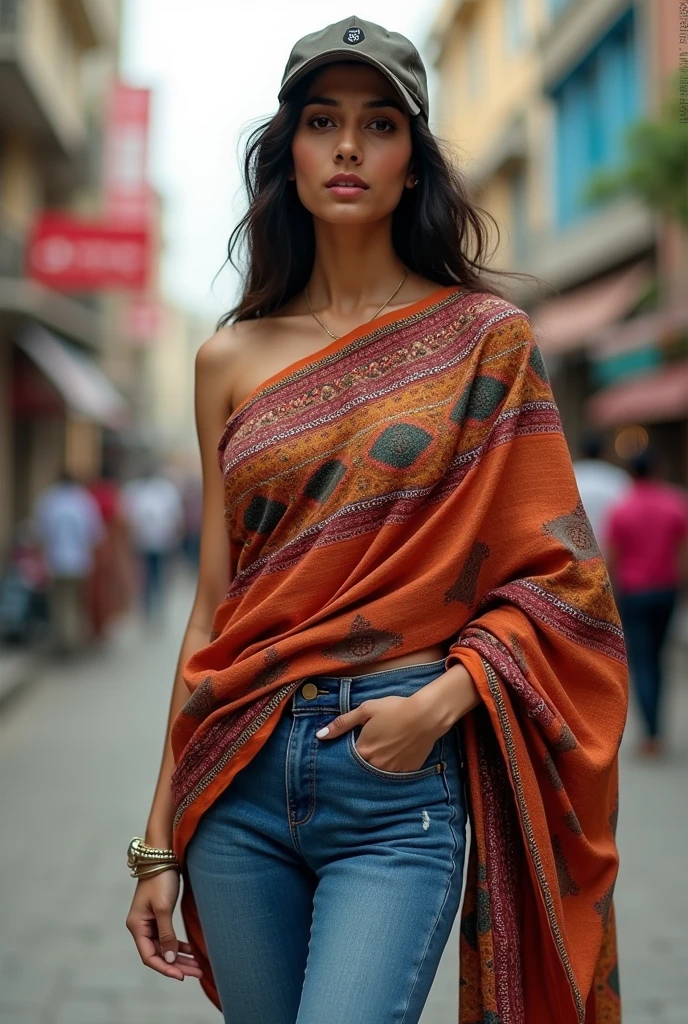 Indian woman wearing saree with jeans pant wearing cap