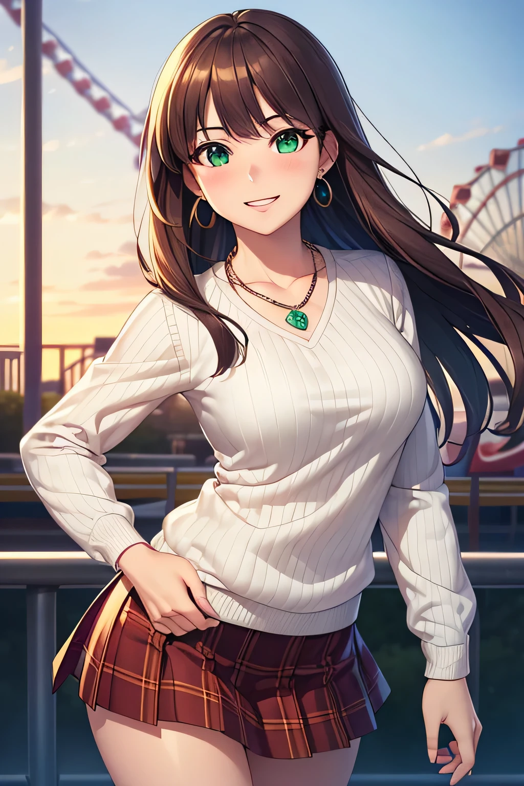 ((masterpiece, Best quality, a high resolution, uhd, Perfect Pixel, depth of field, 4K, RTH, HDR)), 1 girl, Oneокий, One, beautiful anime girl, Beautiful style, Anime Character, ((long hair, split bangs, Brown hair)), (green eyes:1.4, round eyes, beautiful eyelashes, Realistic eyes), (detailed face, blushing:1.2), (Smooth texture:0.75, realistic texture:0.65, photorealistic:1.2, Anime CG Style), medium breast, split, (Dynamic angle, dynamic pose:1.4, I look at the viewer), perfect body, busty, ((White sweater, long sleeve, plaid skirts, stocking)), smile, open mouth, leaning forward, hands behind your back, amusement park, diamond necklace, Rounded earrings