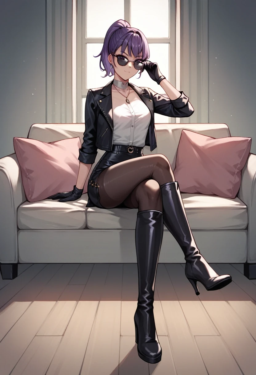 score_9, score_8_up, score_7_up, score_6_up, score_5_up, score_4_up, source_anime, 1girl,kafka, purple hair, ponytail, short hair, sunglasses, purple eyes, leather jacket, white shirt, black skirts, Pink Nylon Tights, black thigh high boots, heels, tapes, sofa, sit, crossed legs, leather gloves, best quality, best res, 4K UHD,
 