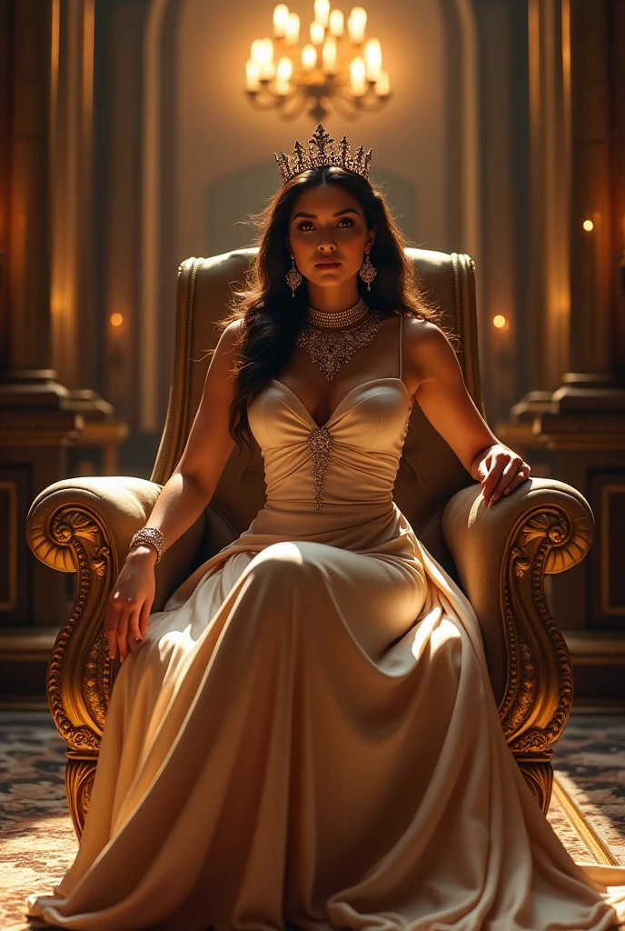 Preity as Queen in "Majestic elegance"
Pose: Preity sits on a gold-decorated throne, her legs elegantly crossed, while she gently touches her crown with one hand. Her royal dress is draped, that it reveals her shoulders and part of her cleavage. Intime Details: The luxurious fabrics of the dress emphasize her curves, while the crown on her head underlines her status as queen. props: A magnificent throne, a crown and a scepter. Details and accessories: A heavy, golden chain and sparkling earrings. light: Warmes, soft lights, that makes the golden accents and her skin shine in a warm shimmer. Background and environment: A magnificent thronesaal mit hohen Decken, heavy curtains and chandeliers. Camera settings: ISO 400, Blende F/2.8, Shutter Speed 1/125s, Focal length 50mm.