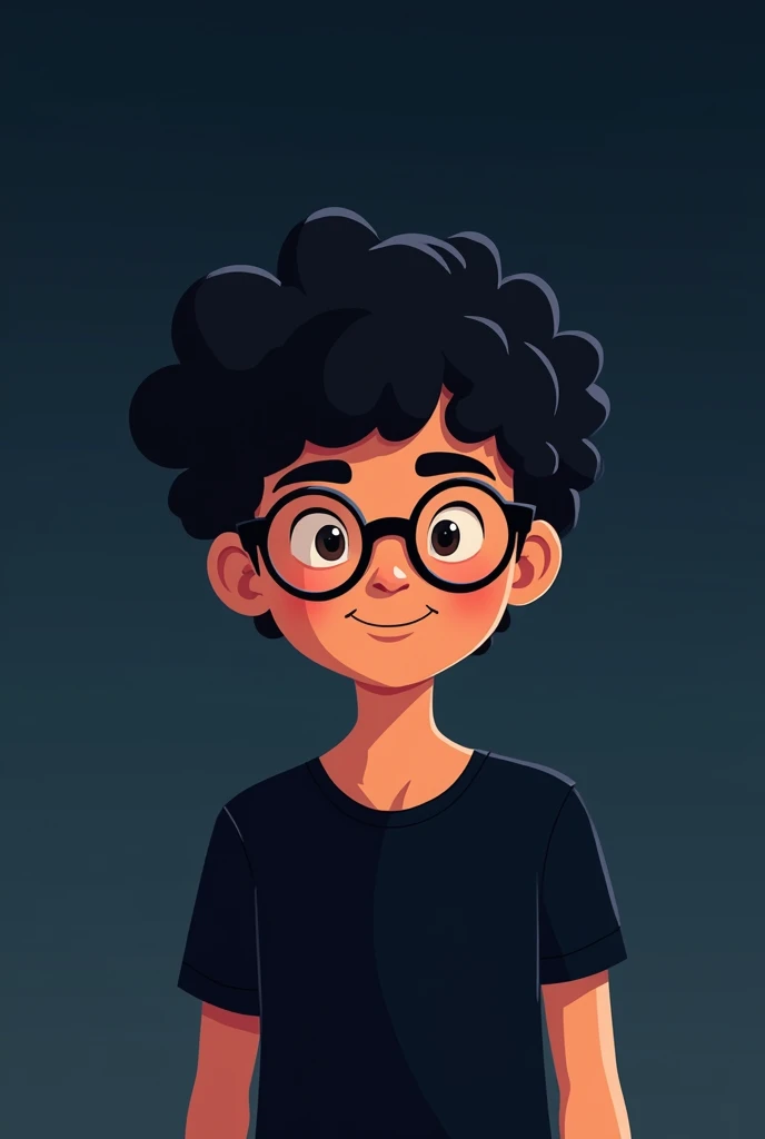 A 1 indian boy cartoon character 2d background blue black curly hairs with simple glasses black tshirt 