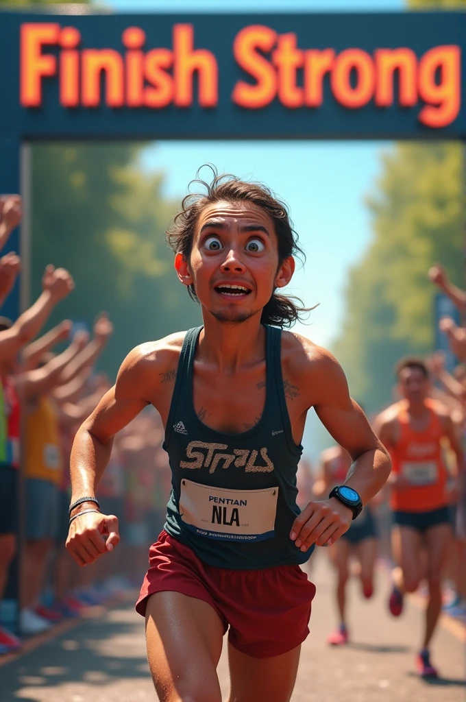 determined runner crossing the finish line of a marathon, sweat and effort evident on their face. The crowd cheers in the background, and a large banner overhead reads ‘Finish Strong.’ The runner’s expression is one of exhaustion mixed with sheer satisfaction, symbolizing perseverance and victory."