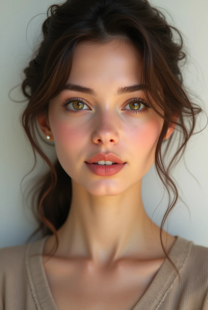 Very realistic and beautiful brunette woman with a slightly more rounded face shape and swept back hair