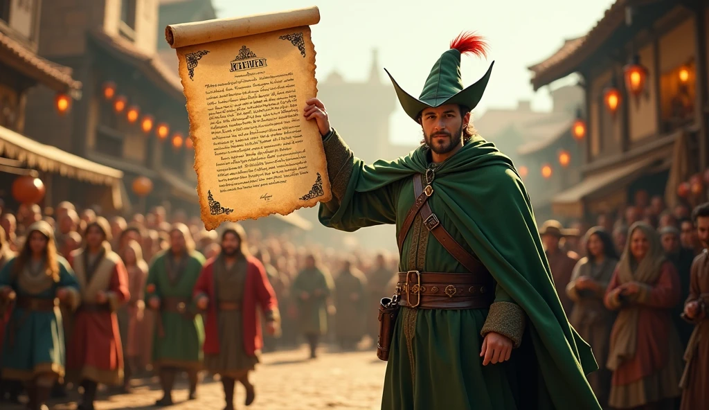Robin hood on village holding big text 1.000.000 Blum and congrats on the big letter in hand showing to the camera and behind people dancing and feast