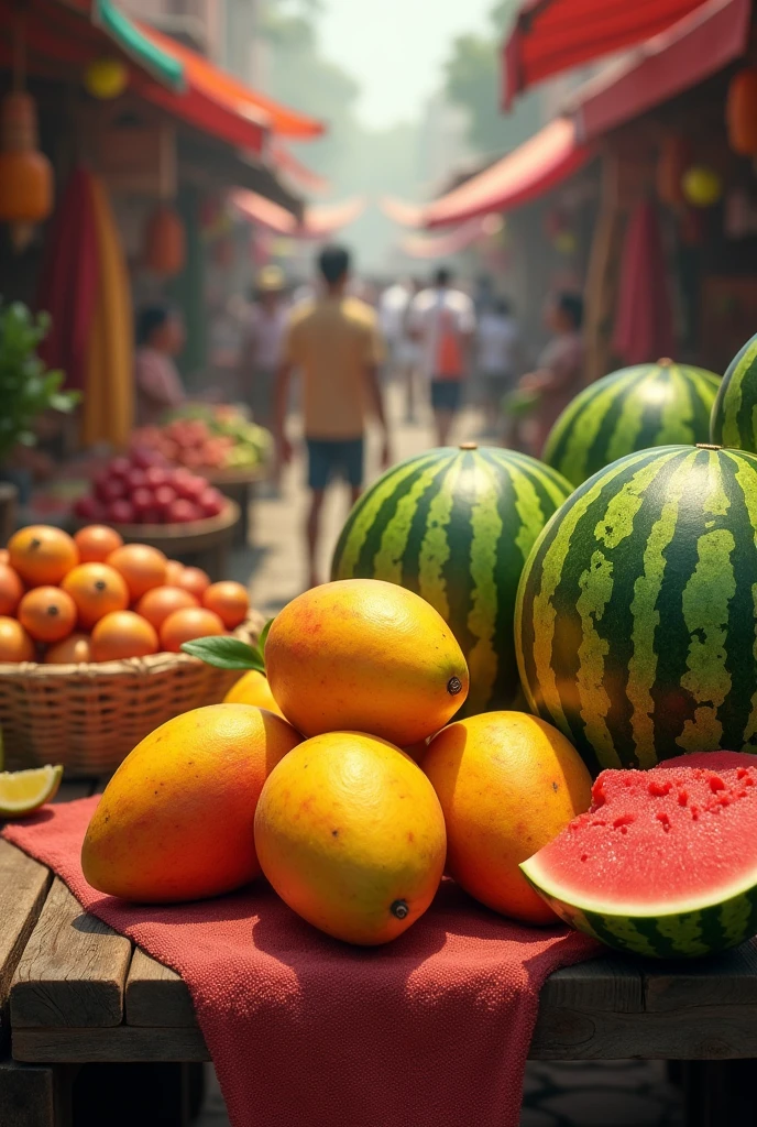 Ripe mango,watermelon,The background is a market.