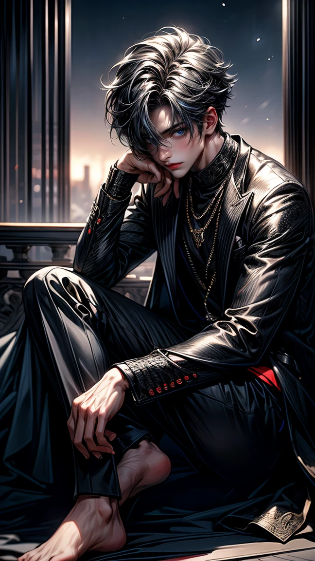 Masterpiece, best quality, high resolution, highly detailed, 1boy, good looking face , with sapphire blue eyes( glowing eyes ), Black hair with white ( what stands of hair ) pay attention to black and white hair, silver watch, light skinned, wearing full white and black clothes, sitting on a balcony elegantly, holding a very expressive phone in hand, pay attention to stunning details, and achieve a resolution of 64k, pay attention to every little detail, high quality, with a majestic aura of authority, happy expression ( smiling : 0.9 ), smiling expression, full body