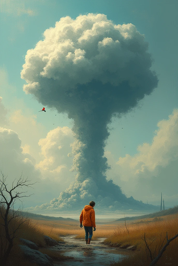 Draw the Third World War. A mushroom cloud can be seen in the air. Except for a small colorful bird, the picture is painted in dark colors. Draw the picture in the style of Claude Monet. 