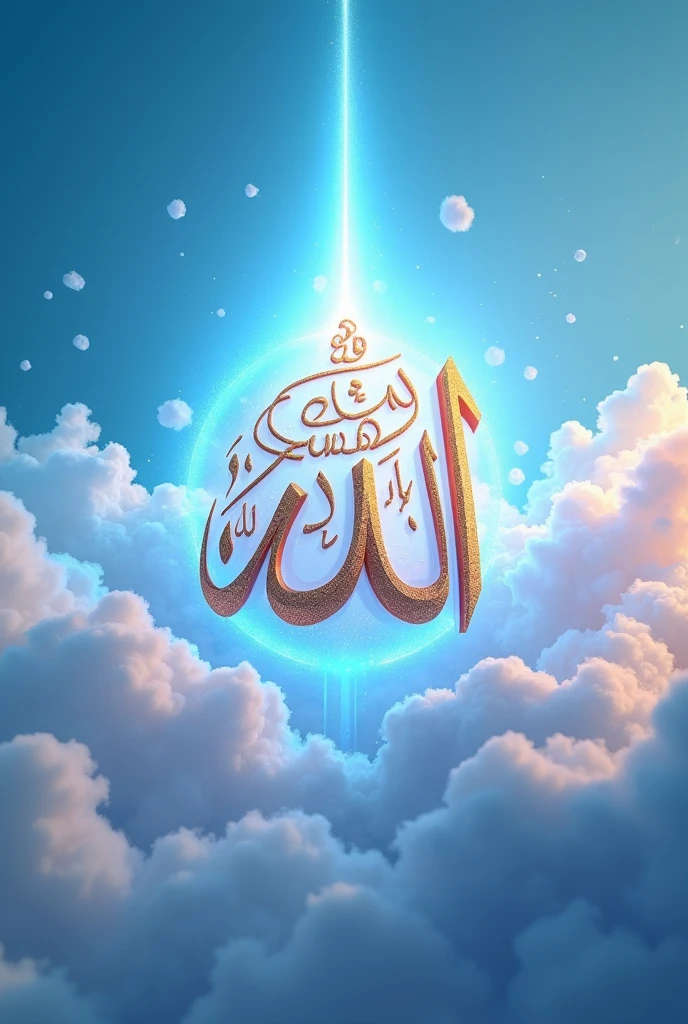 Name of Allah  image  3d illustration realistic  blue colours background bright light and sky 4k pictures 

