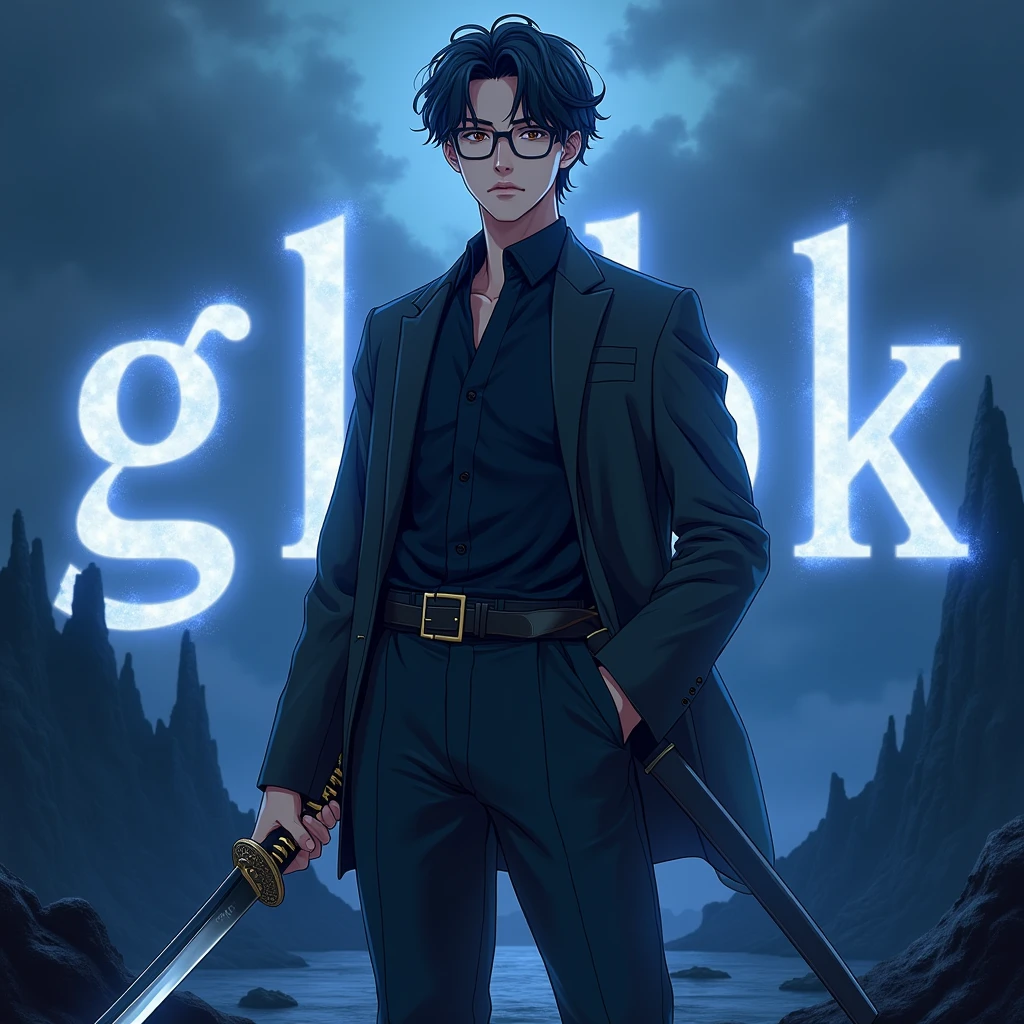 Create a character anime, {{background: text: “GLBK”, darkness blue vulcano}},
realistic, HDR, use glasses, handsome, korean style, full body, use katana, age 20, outfit name: “PRAS”