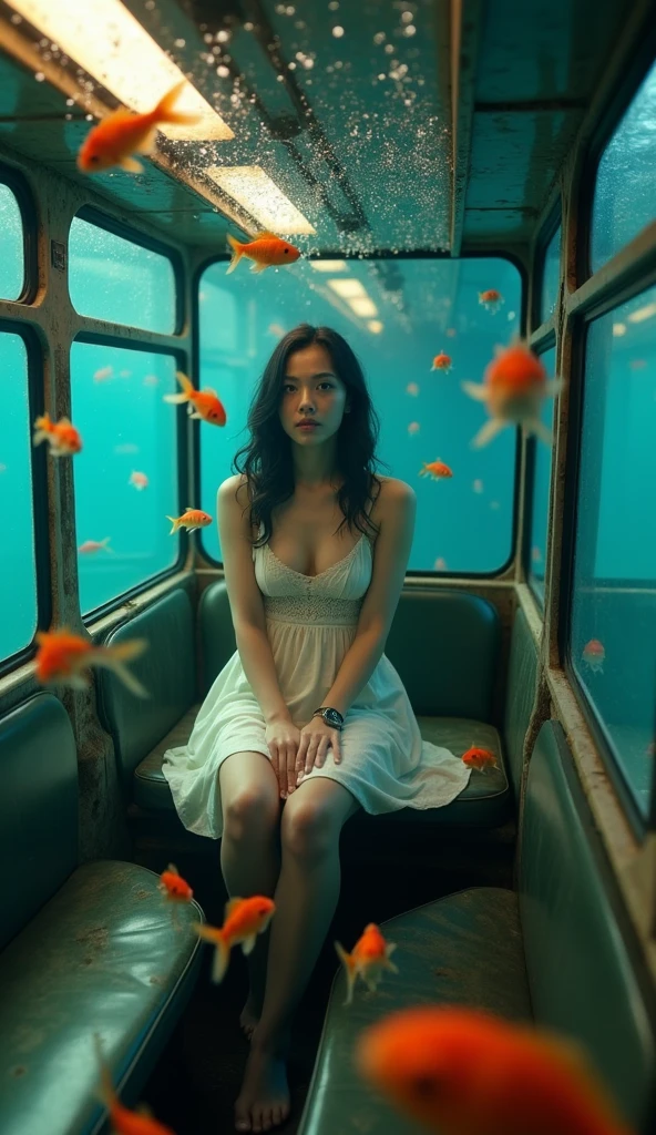 A woman sitting in an abandoned trolleybus underwater, surrounded by goldfish, surreal, cinematic style, focus on the person's face, 4K photography,