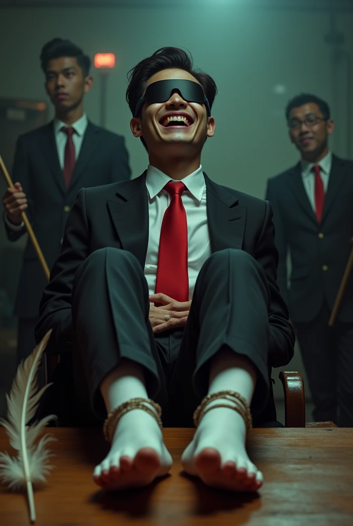 Malaysia malay handsome 21 years celebrity
His hand tied up  in warehouse 
Blindfolded
Black Suit and Red tie
feet on desk
feather
shoes on desk 
5 toes each feet 
Black sock
Smock effect smelly sock
2 man holding feather duster at his feet
He laugh very hard