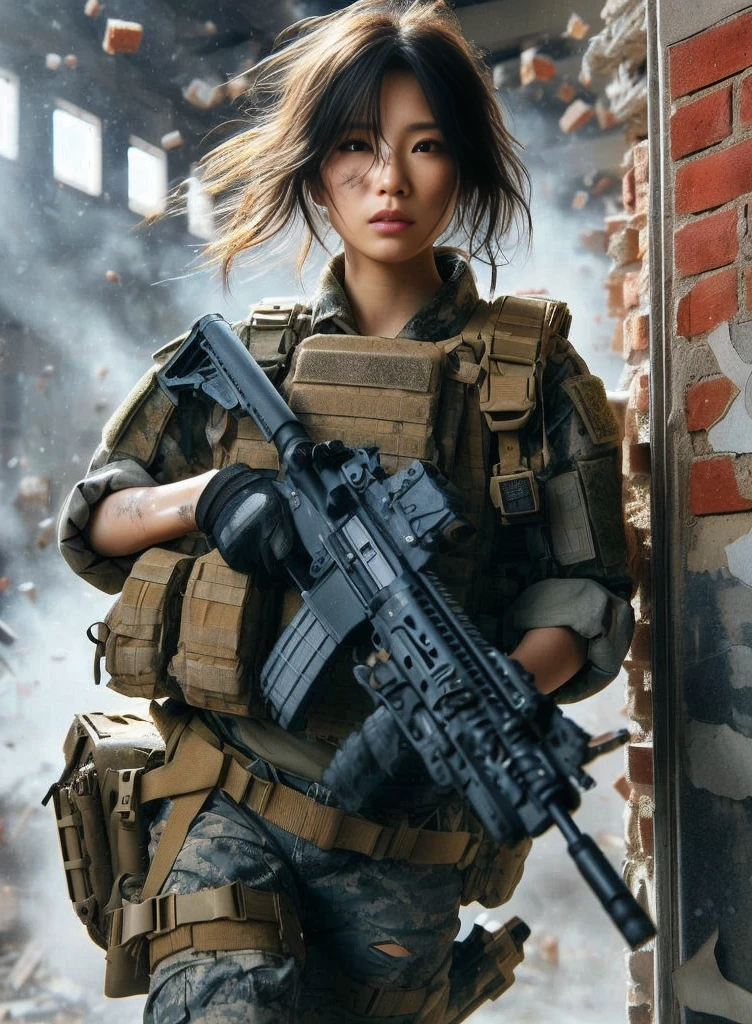 8K, realistic photo, realistic skin texture, Beautiful Japanese women in the US military、Outside the building、explosion、Close call、Walls bursting with debris、They are shouting to evacuate immediately.、Automatic rifle、Bulletproof vest、Back Back、boots、Covered in scars、Grim expression、Dynamic pose、Innovative composition、Dust is flying、傷だらけ