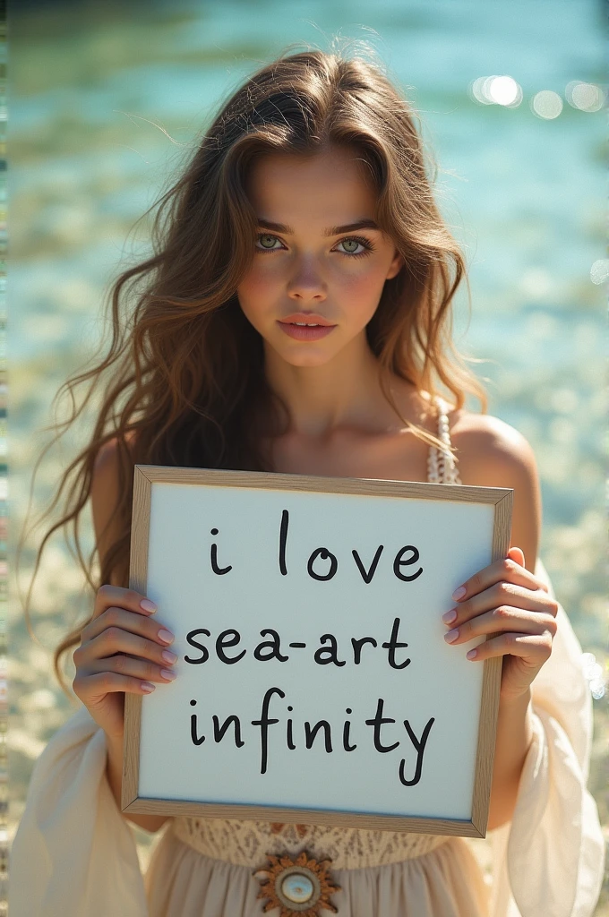 Beautiful girl with wavy long hair, bohemian dress, holding a white board with text "I Love Seaart Infinity" and showing it to the viewer