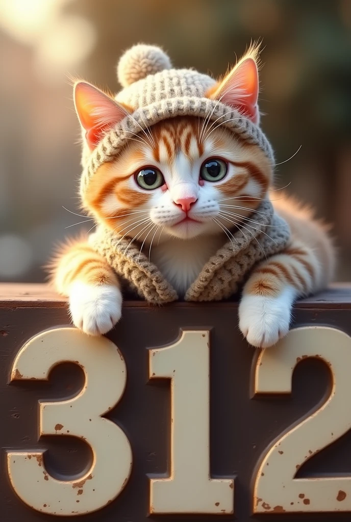 "Realistic cute cat lying on the sign, Facing straight ahead,The sign says 312.'Wearing cute clothes and matching hats. Cat's fur is soft,Mixed with white and light brown spots.. Fashionable and attractive clothes, Increases the cuteness of cats. The background is simple and solid color,slightly obscured.、Focus on cats. The lighting is natural, Increased softness of hair and clothing, Warm light. Cats love to play、Looks friendly, Large target, Round eyes looking straight ahead."