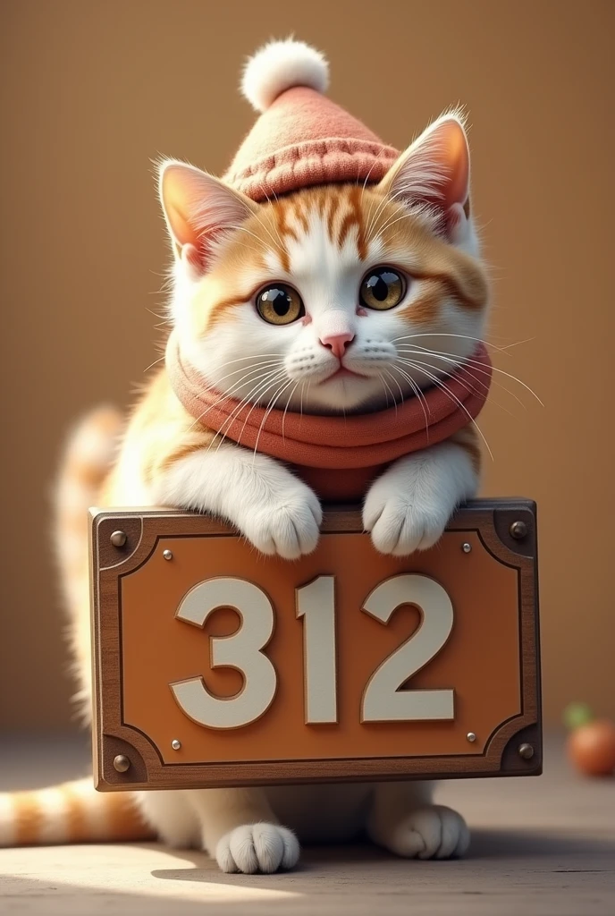 "Realistic cute cat lying on the sign, Facing straight ahead,The sign says 312.'Wearing cute clothes and matching hats. Cat's fur is soft,Mixed with white and light brown spots.. Fashionable and attractive clothes, Increases the cuteness of cats. The background is simple and solid color,slightly obscured.、Focus on cats. The lighting is natural, Increased softness of hair and clothing, Warm light. Cats love to play、Looks friendly, Large target, Round eyes looking straight ahead."