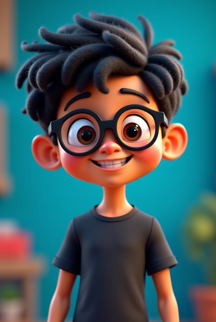 A 1 indian boy cartoon character 3d background blue black curly hairs with simple glasses black tshirt