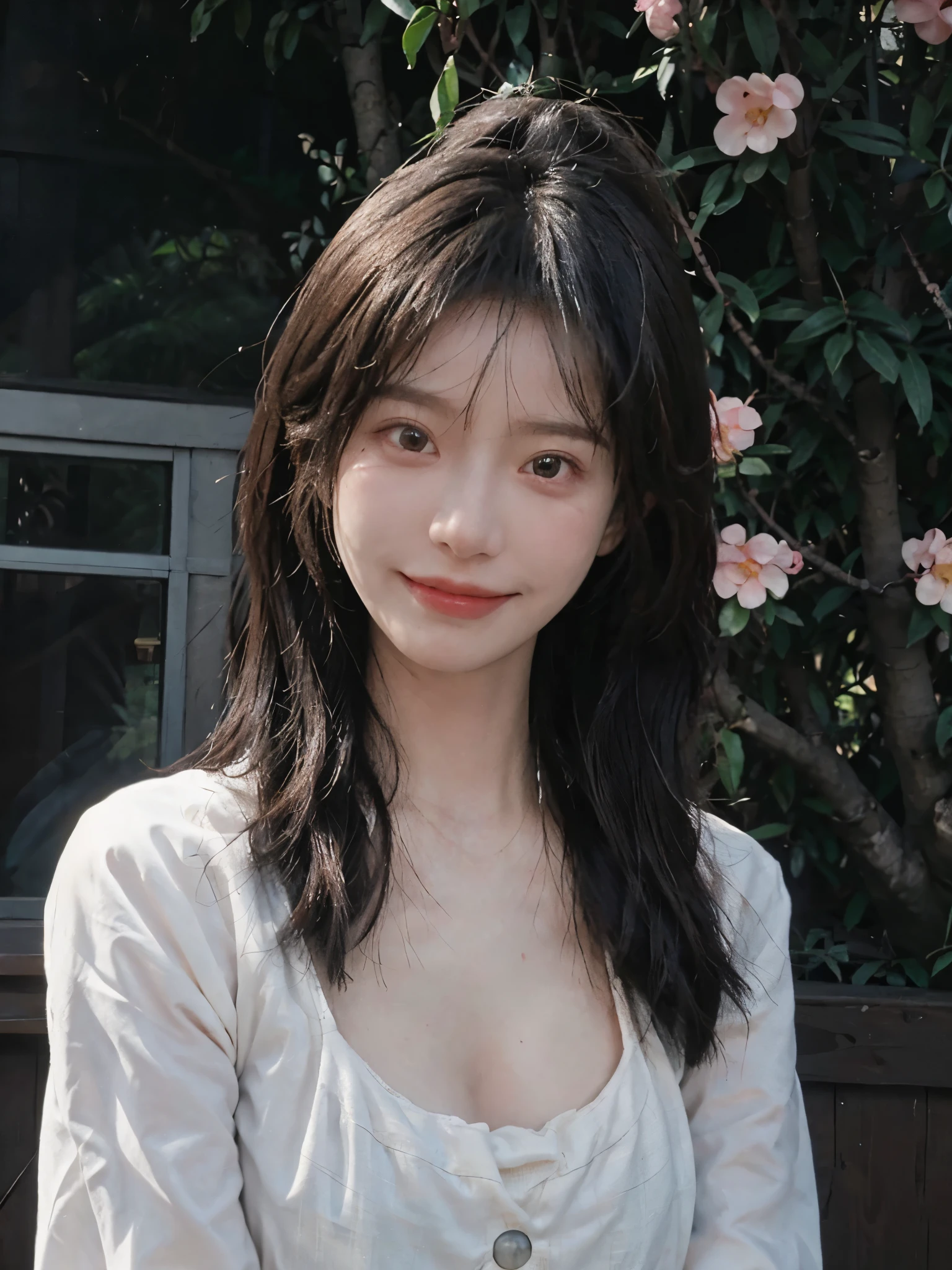 best qualtiy， Ultra-high resolution， （realisticlying：1.4），cute hairpin，Baoyu Girl，European style apartment，（flatchest：1.2） ，A pair of clear and moving peach blossom eyes,Royal Sister，sunshine on face，Big waves，（ln the forest：1.4），（choker necklace：1.2），（Fair skin：1.4），a sense of atmosphere，a beauty girl， ssmile，head straight-looking at viewer， closeup cleavage ，(Photorealistic:1.4),1girll,sexly,(Upper body:1.4),(Wet body),(:1.2)