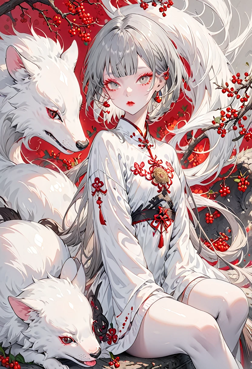 (Highest quality,Very detailed,High resolution:1.2),1 slim albino girl，huge pussy１Animals，Gray-haired berry shorthair,gray bangs，very_Long eyelashes, Detailed lips, Cool look, Soft Skin, Shiny Hair,Exquisite makeup,
