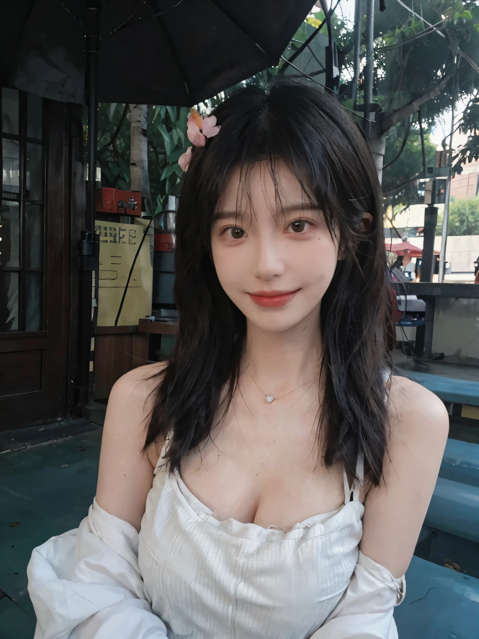 best qualtiy， Ultra-high resolution， （realisticlying：1.4），cute hairpin，Baoyu Girl，European style apartment，（flatchest：1.2） ，A pair of clear and moving peach blossom eyes,Royal Sister，sunshine on face，Big waves，（ln the forest：1.4），（choker necklace：1.2），（Fair skin：1.4），a sense of atmosphere，a beauty girl， ssmile，head straight-looking at viewer， closeup cleavage ，(Photorealistic:1.4),1girll,sexly,(Upper body:1.4),(Wet body),(:1.2)