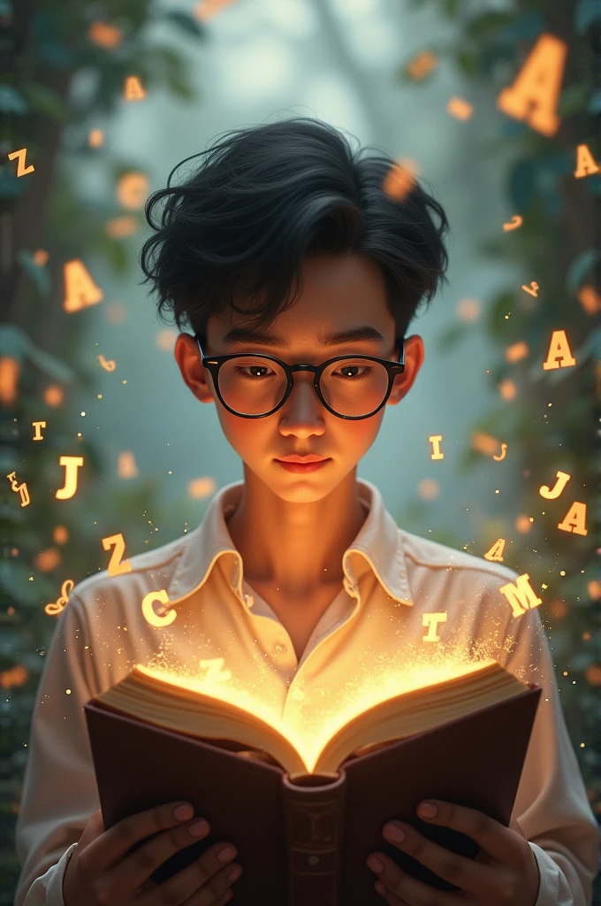 There is a young guy wearing glasses reading a book, and there are flying letters 