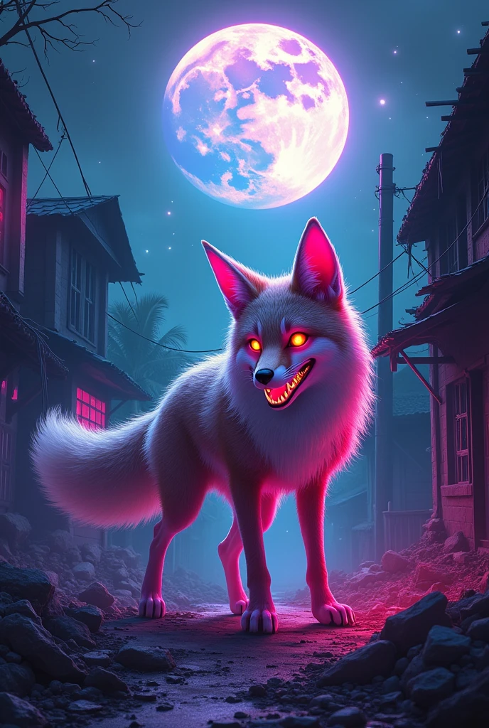 
 fox destroyed village in neon light moon