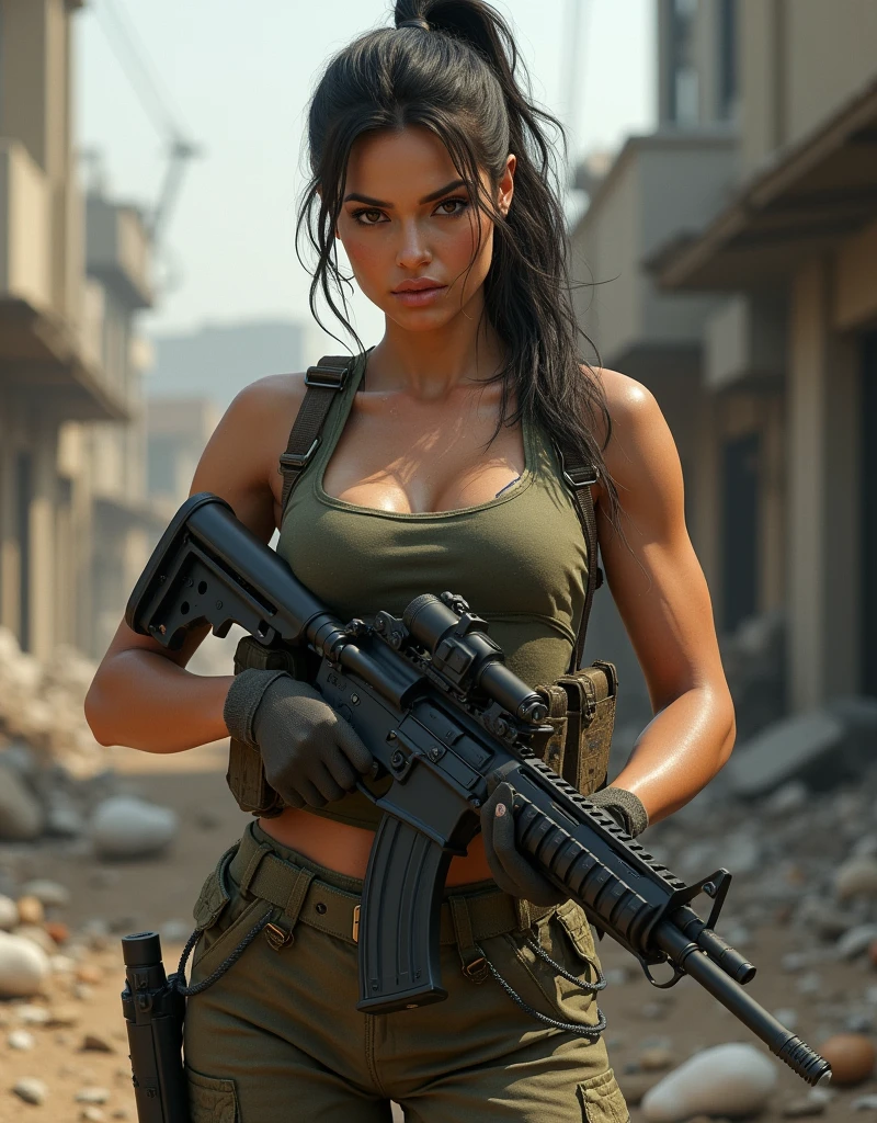 (photorealism:1.2), sexy woman soldier, supply amo