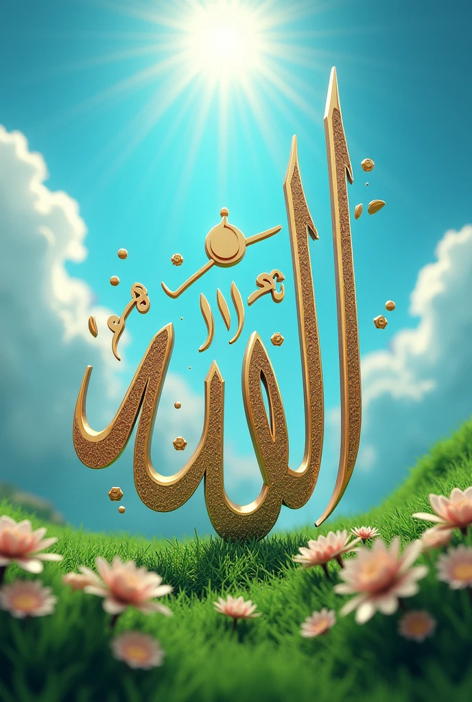 Name of Allah image 3d illustration realistic green colours background bright light and sky 4k pictures