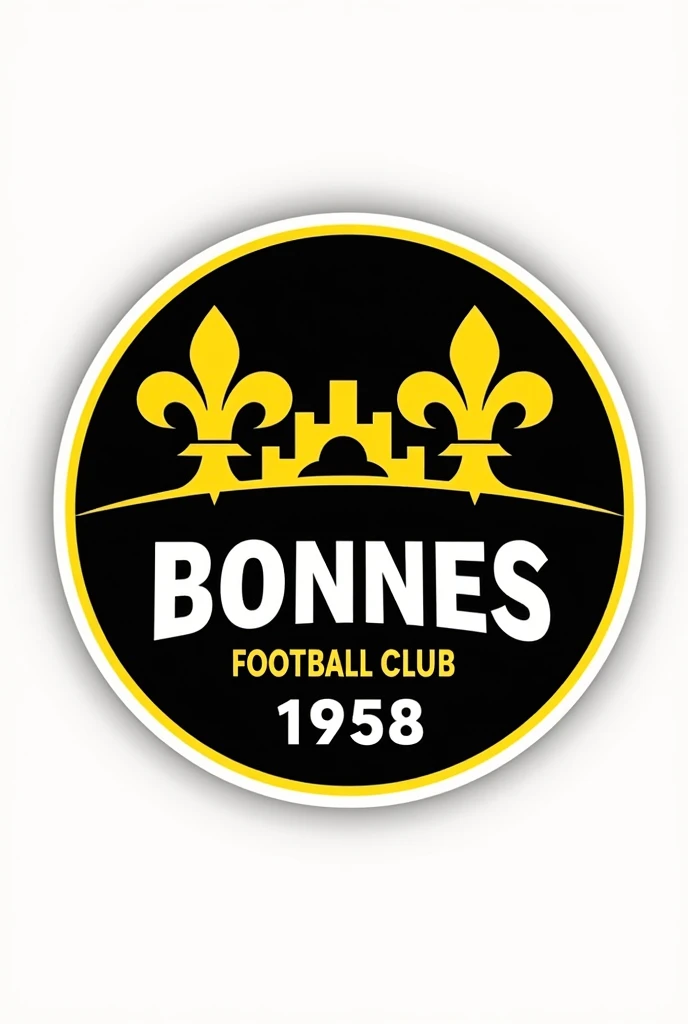 Créer un logo rond de club de football " Bonnes " en noir et jaune avec des fleurs de lys et château et 1938
