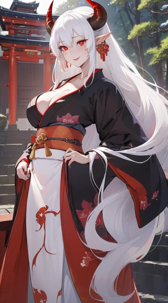 female, oni, fleshy horns, skin horns, luxurious kimono, white hair, long hair, large breasts, cleavage, red eyes, kanabo, forest, japanese shrine, straight hair, pointed ears, smile, huge female, very tall female, tiny waist, broad shoulders