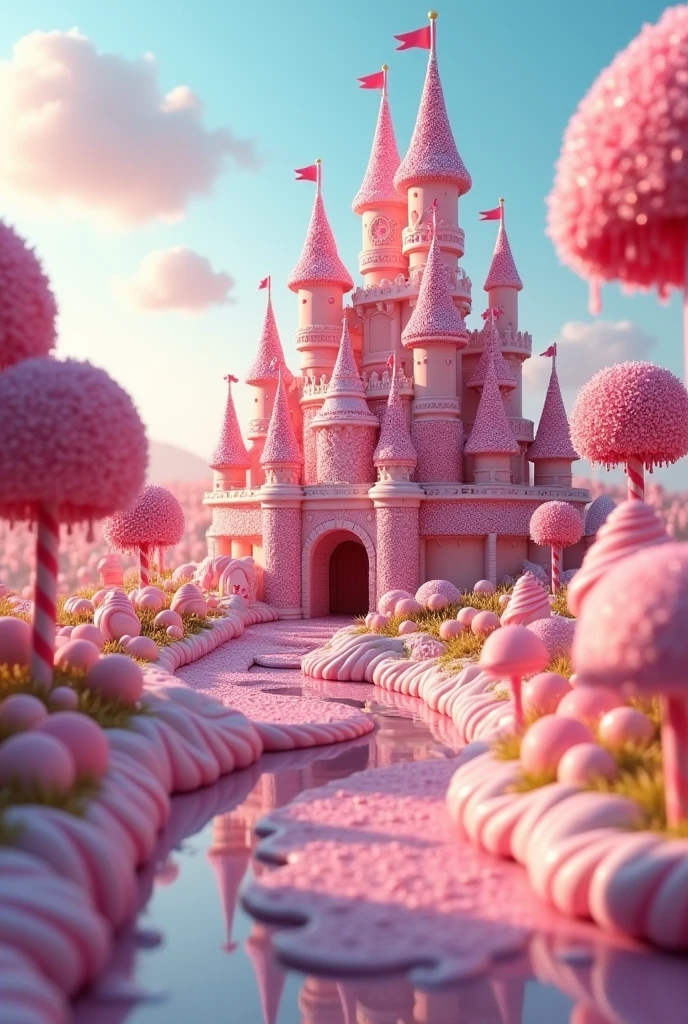 (photorealism:1.2), Sweet candy kingdom. With pastel tones, a castle built with candy canes and a chocolate river 