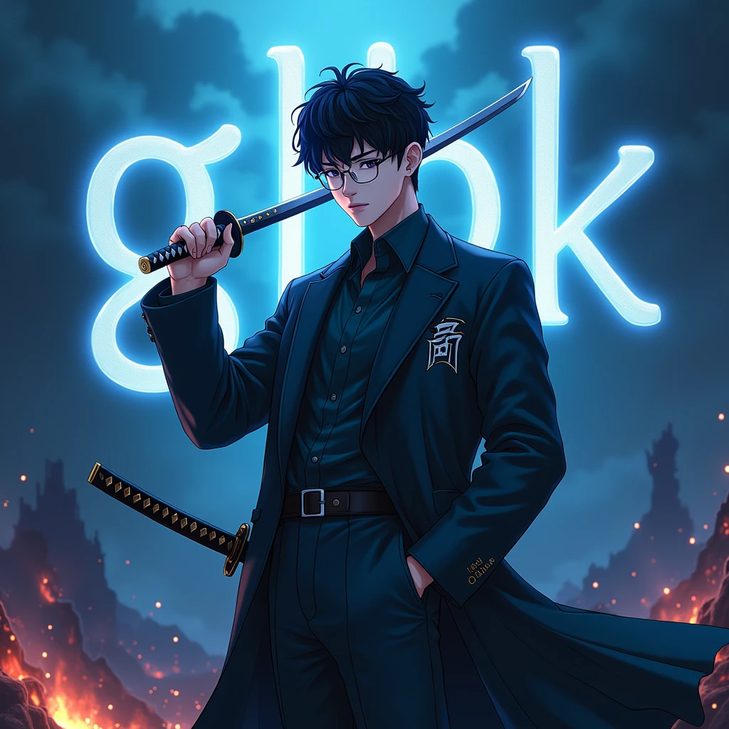 Create a character anime, {{background: text: “GLBK”, darkness blue vulcano}},
realistic, HDR, use glasses, handsome, korean style, full body, use katana, age 20, outfit name: “PRAS”