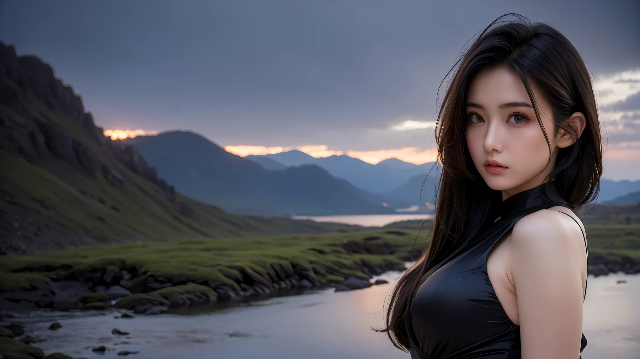 A 16k masterpiece, highest resolution, every detail, meticulousness, depth of field, bright colors, beautiful composition: a teenage girl with black hair and innocent eyes is so beautiful detailed, standing against a dark and ominous landscape. sexy silk dress outfit.