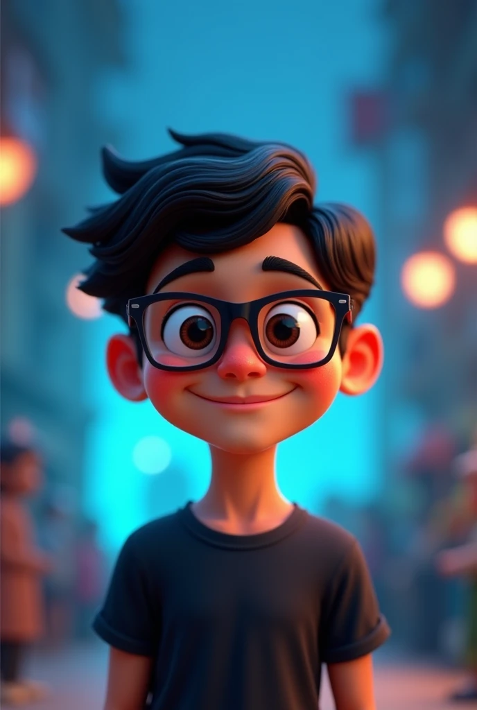 A 1 indian boy cartoon character 3d background blue black curly long hairs with simple glasses black tshirt