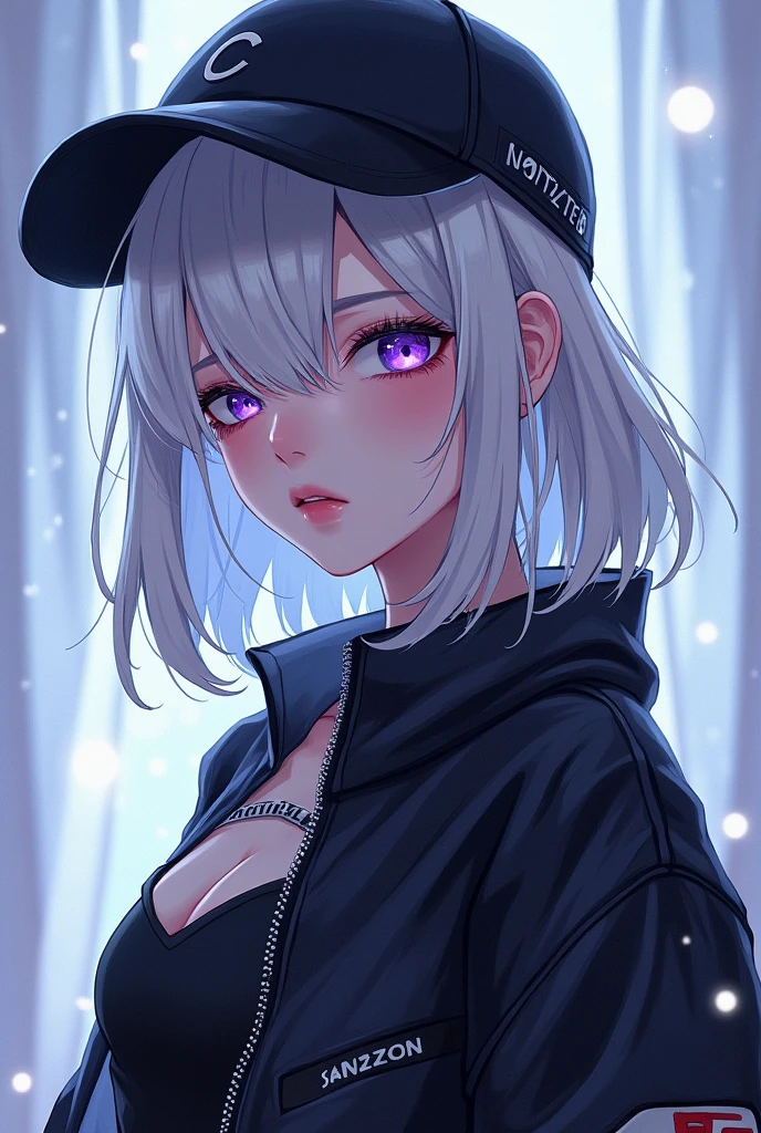masterpiece, best quality, 4K, Ultra HD, Sanzhuang City, , Beautiful eyes and delicate face, illustration, Exquisite and detailed, high resolution illustration, Luminescence_White_particle, 1 Girl, White hair, Lilac eyes, Hair covering one eye, Short side details, Baseball cap,Poker face, curtain, Black jacket, Chest hanging, Cyberpunk, Technical clothing,(Impressionism:1.4)