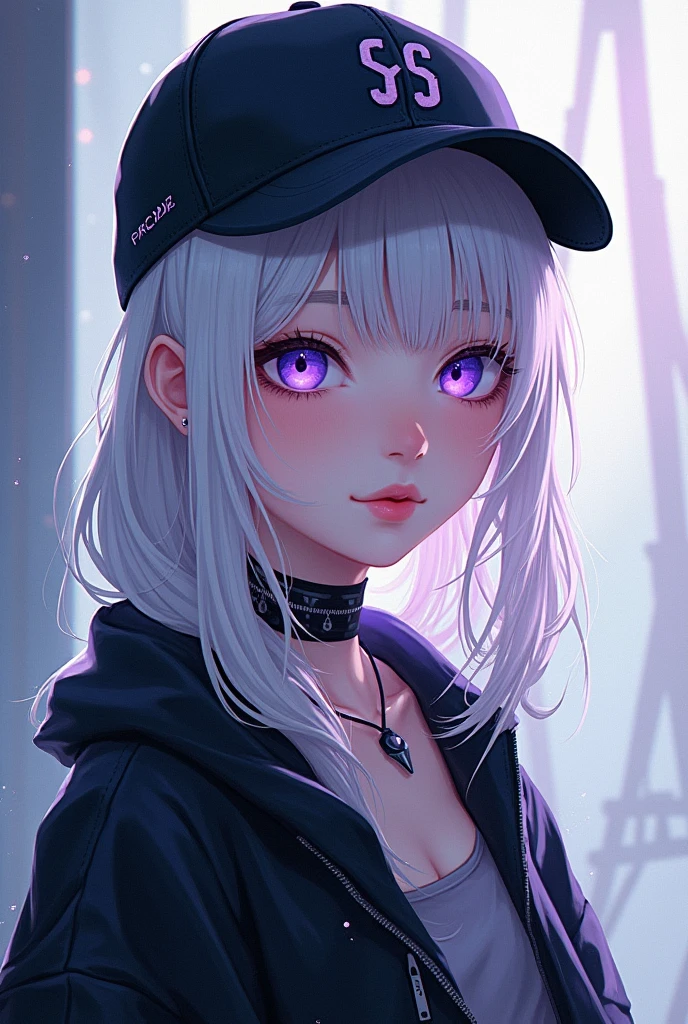 masterpiece, best quality, 4K, Ultra HD, Sanzhuang City, , Beautiful eyes and delicate face, illustration, Exquisite and detailed, high resolution illustration, Luminescence_White_particle, 1 Girl, White hair, Lilac eyes, Hair covering one eye, Short side details, Baseball cap,Poker face, curtain, Black jacket, Chest hanging, Cyberpunk, Technical clothing,(Impressionism:1.4)