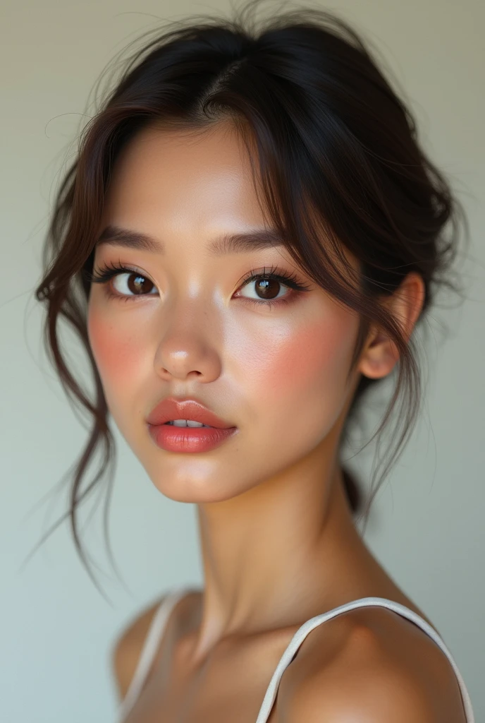 Very realistic and beautiful brunette woman with a slightly more rounded and bald face shape