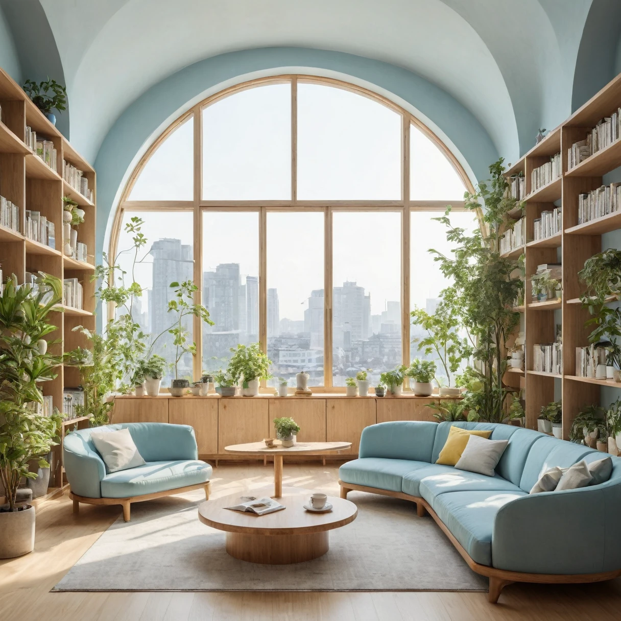 The warm Nordic-style room is decorated with light blue, white, and light yellow as the main colors. Chinese-style wooden arc-shaped bookshelves are lined with green plants, Nordic brown sofas, coffee tables, showing ultra-high-definition image effects under natural light. The huge floor-to-ceiling windows with a fresh and bright background overlook the central axis of the modern city. They are designed using software such as Blender, Octane Renderer, and C4D.