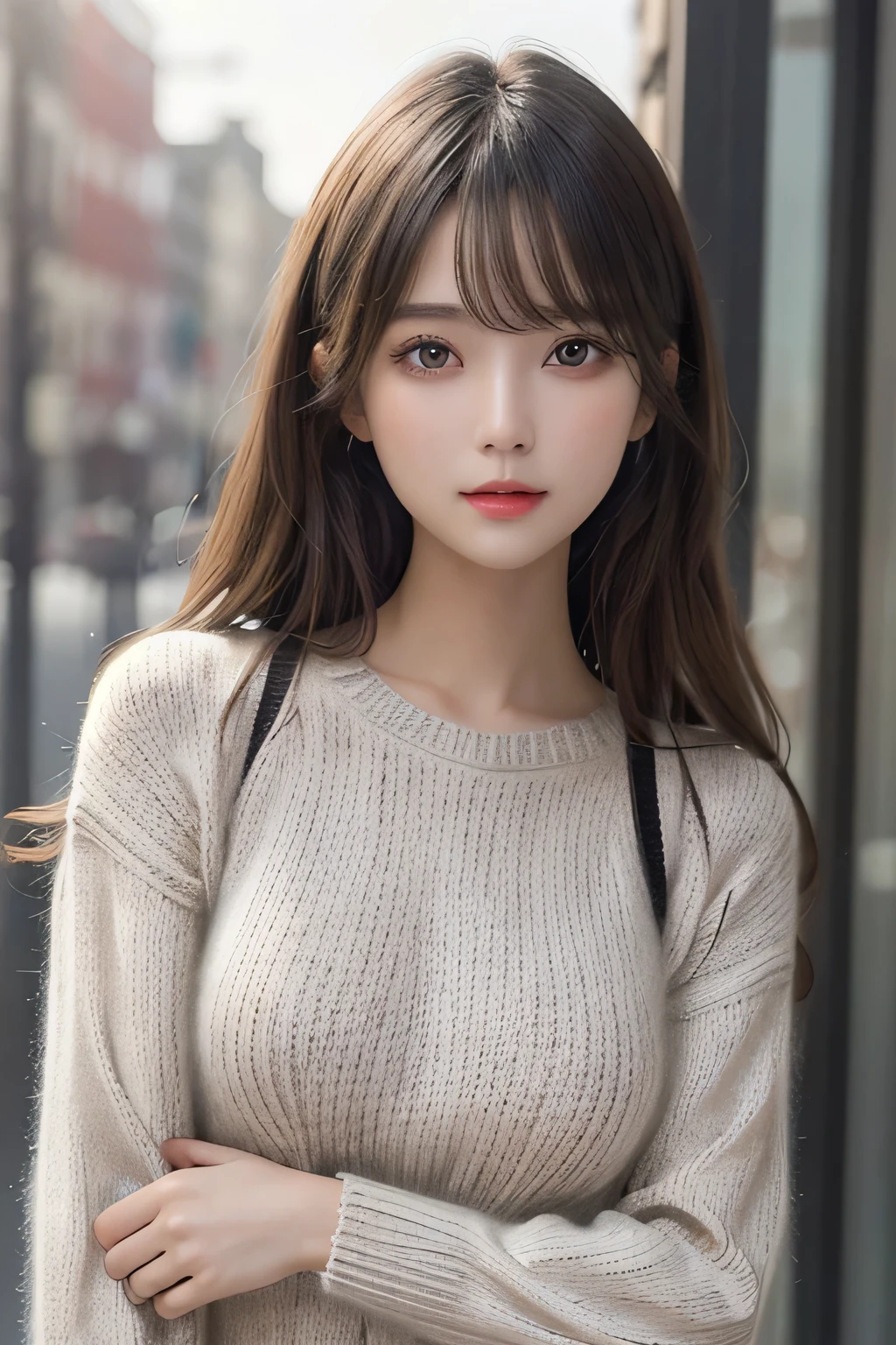 1girl, etv1,best quality,HDR,UHD,8K,realistic,upper body,facing_viewer,Middle Breasts, Slim Body,(knit sweater:1.2)