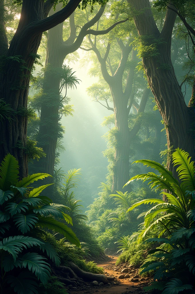 A dense, tropical rainforest filled with towering trees and thick undergrowth, where sunlight filters through the canopy, casting dappled light on the vibrant green foliage below. Vines hang from the branches, and exotic plants with large, broad leaves create a rich, verdant tapestry of life."