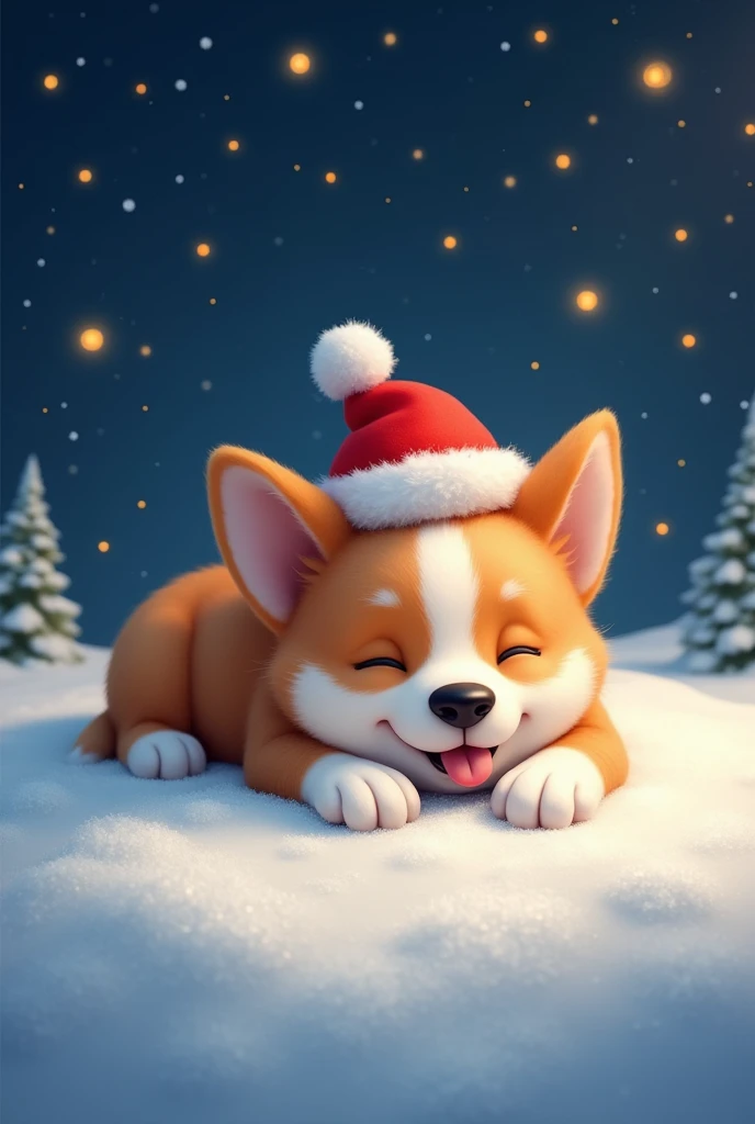 「Create a heartwarming scene of a Corgi puppy sleeping comfortably in the snow。The puppy is wearing a slightly tilted red Santa hat、With a happy look on his face。In the background、Shining Star々A dreamlike night sky dotted with、It creates a warm and calm atmosphere。The puppy is in a deep sleep、The adorable tongue is sticking out a little.。overall、Create a cozy and magical Christmas atmosphere.。」