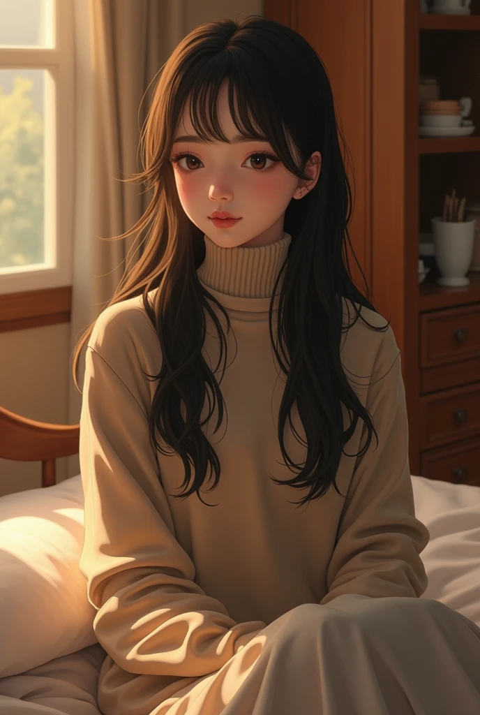 "Create an image of a young woman with long, dark hair and bangs, wearing a beige turtleneck sweater. She is sitting in a cozy, warmly lit room, likely a bedroom or living room, with wooden furniture in the background. The atmosphere should feel soft and comfortable, with a focus on a warm, welcoming interior design."Run through with gusto